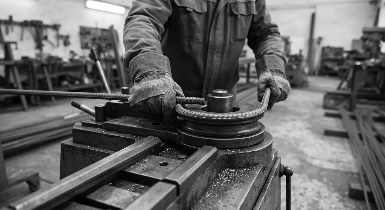 A worker bending a reinforcing bar on a bending machine