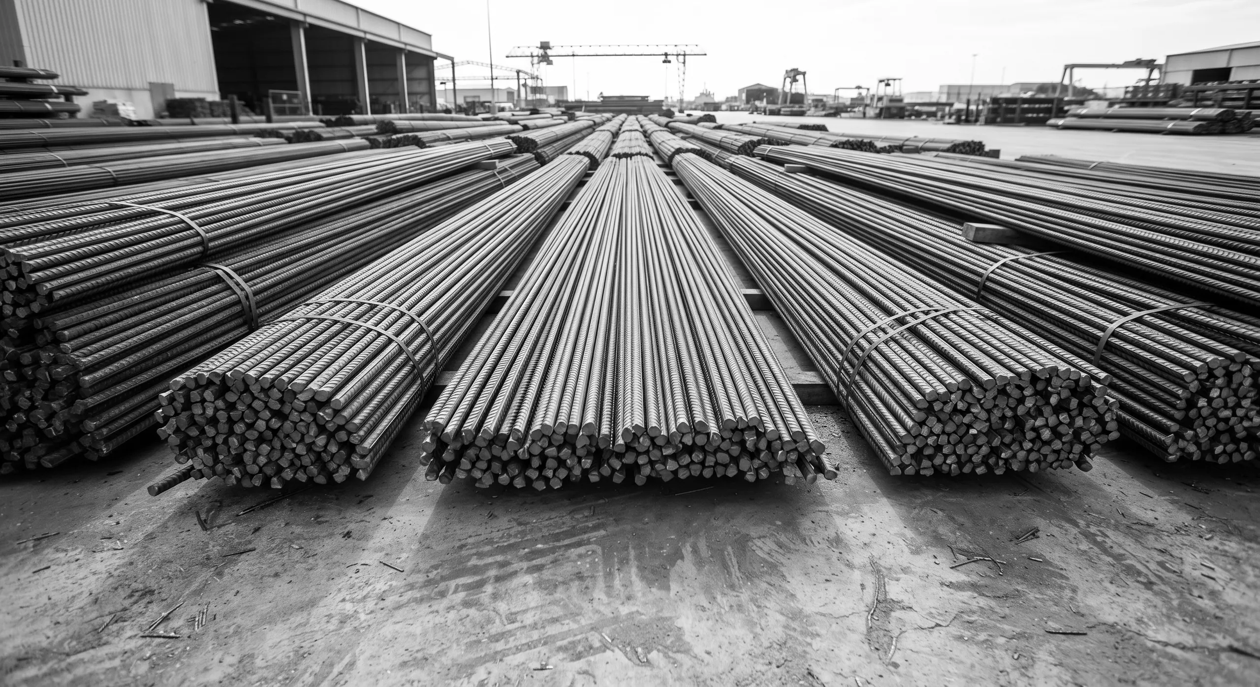 Rebar stock laid out in a steel yard in Riyadh